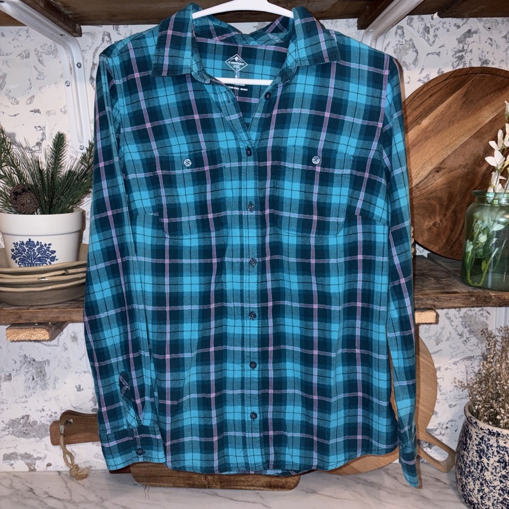 St John's Bay 100% Cotton Women's S Plaid Cozy Button Down Shirt Teal Blue
